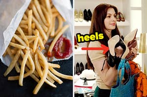 On the left, some fries next to some ketchup, and on the right, Anne Hathaway holding pairs of shoes as Andy in The Devil Wears Prada with an arrow pointing to the shoes and heels typed next to them