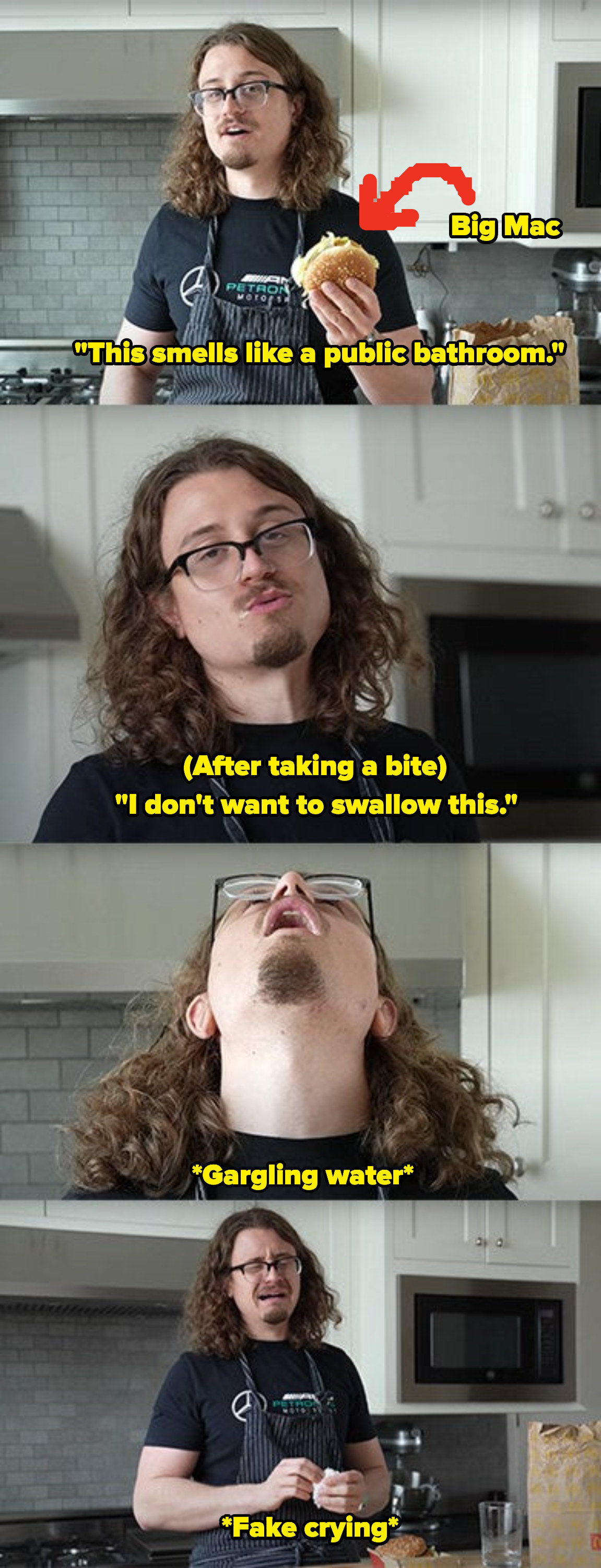 Top: Joshua Weissman holds a Big Mac Second: Joshua Weissman looks into the camera Middle: Joshua Weissman gargles water Bottom: Joshua Weissman fake cries