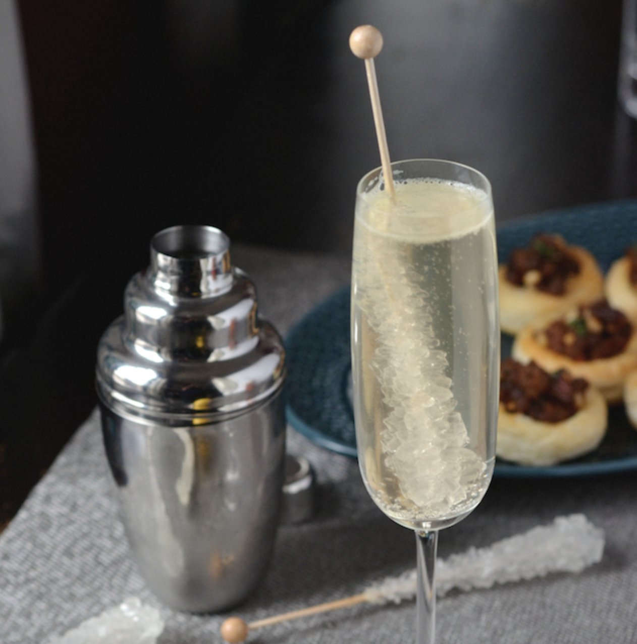 A non-alcoholic French 75 in a champagne glass