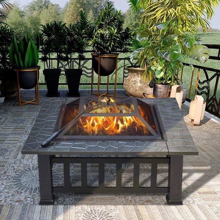 flames in large patio fire pit