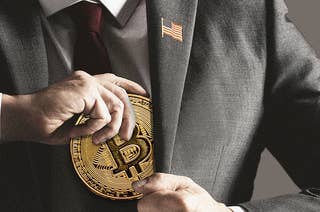 A photo-illustration of a male politician putting an oversize bitcoin in the inner pocket of his suit jacket