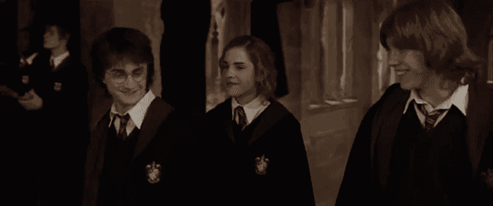 Harry, Hermione, and Ron walk toward an archway