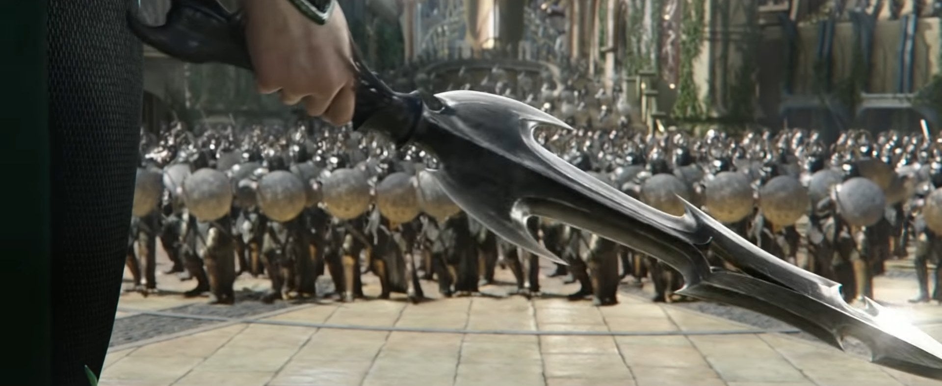 Hela holding a necrosword in front of the Asgardian army in "Thor: Ragnarok"
