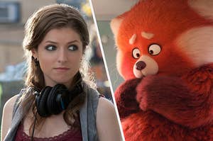 A close up of Becca with headphones around her neck and Mei as she's a red panda
