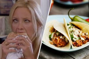 Kate Hudson is on the left eating a burger with tacos on the right