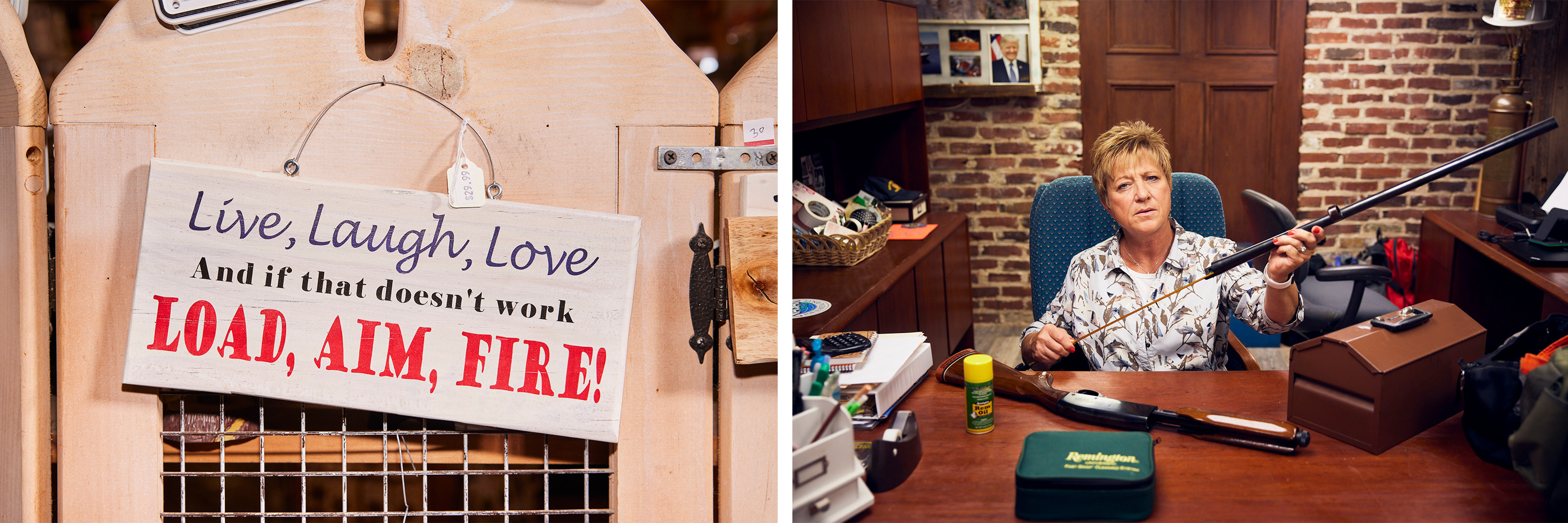 A sign saying Live Laugh Love and if that doesnt work, Load Aim Fire next to an image of a woman cleaning a gun at her desk 