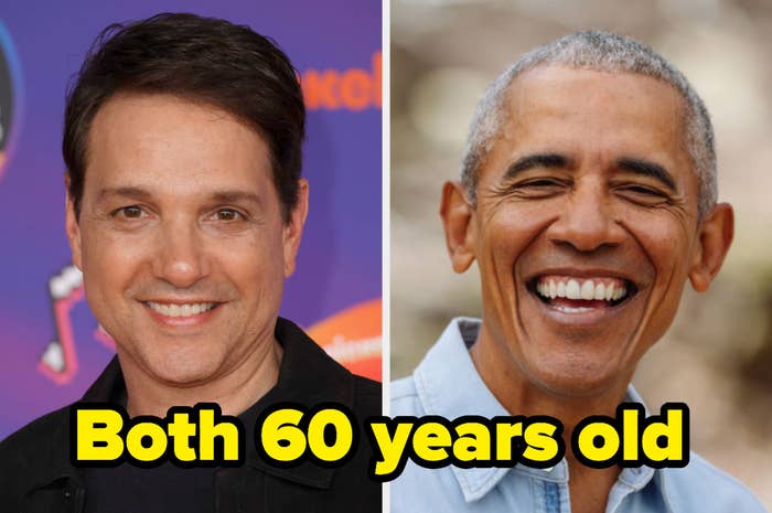 Side-by-side photos of Ralph Macchio and Barack Obama, with text that reads, &quot;Both 60 years old&quot;