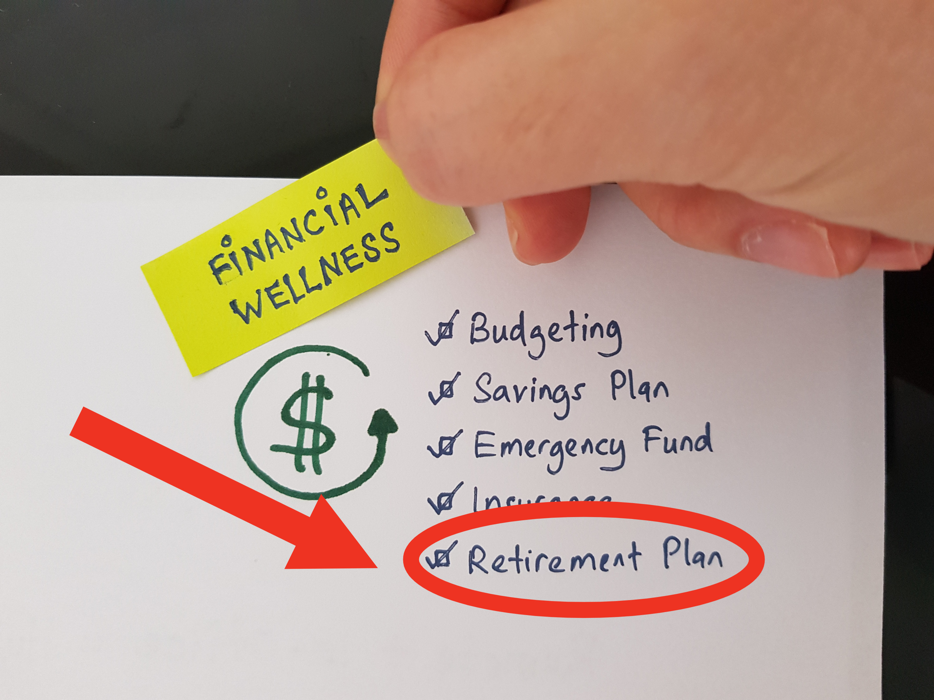 Financial wellness checklist with &quot;retirement plan&quot; circled