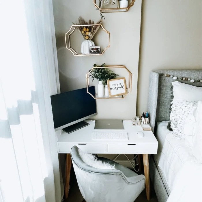 A white desk with two drawers