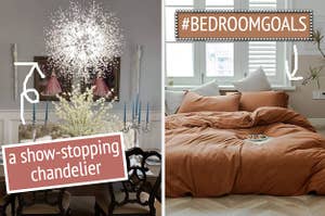 A split thumbnail of a chandelier and a bed