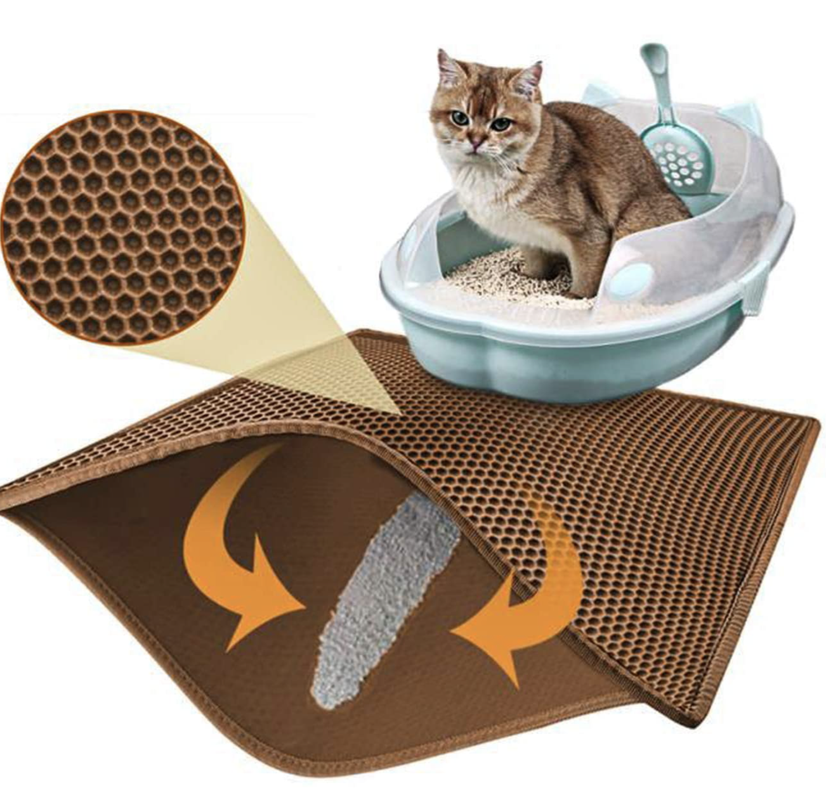 A cat standing in a litter box on the mat, with arrows indicating where the litter goes