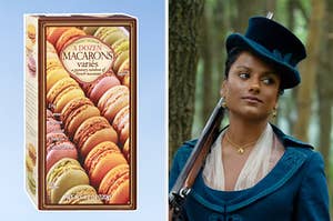 On the left, a box of macarons, and on the right, Kate from Bridgerton