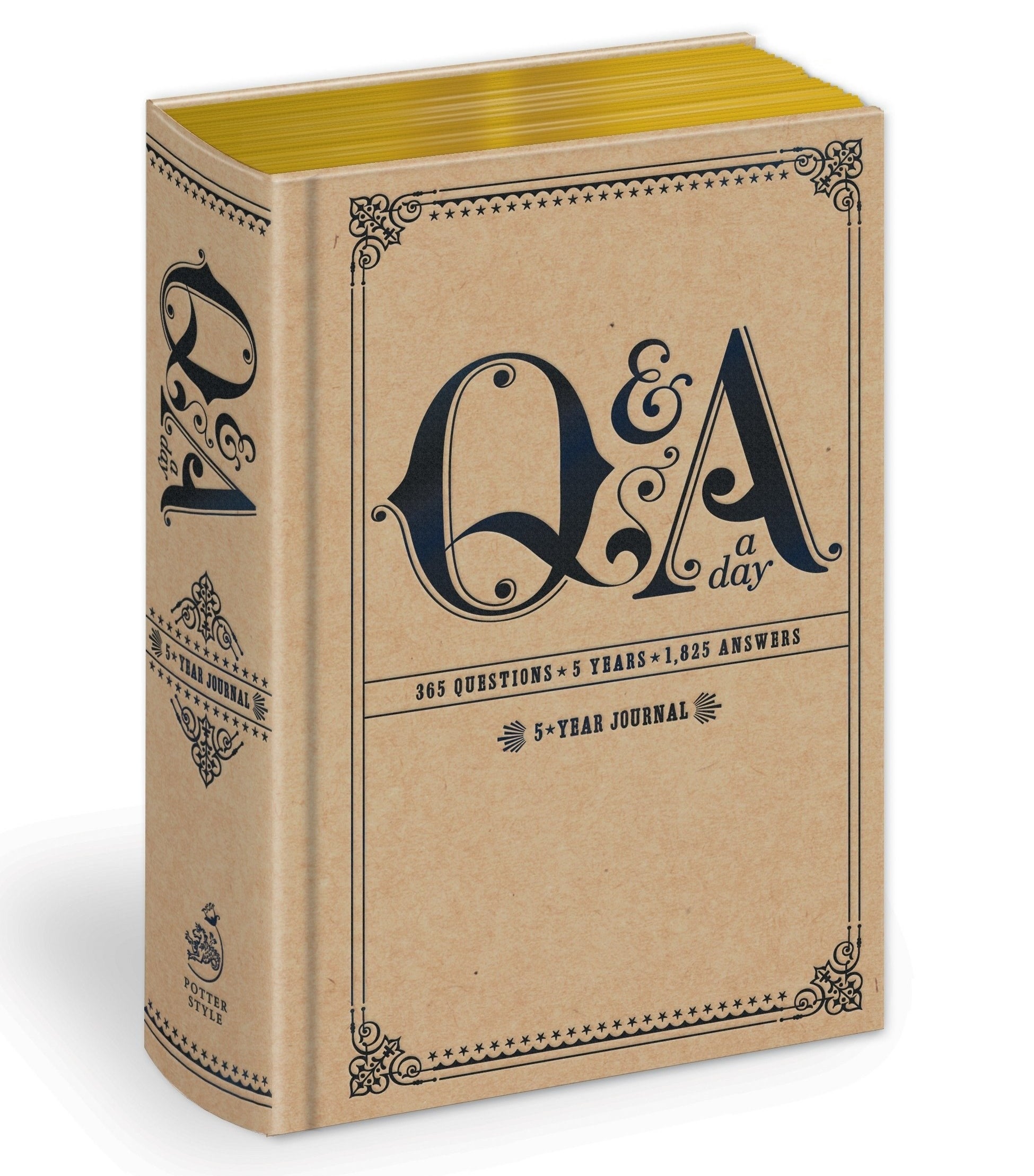 the Q&amp;amp;A A Day question journal with a brown cover and gold-leafed pages