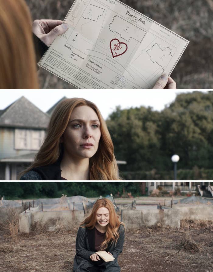 Wanda looking at a map and then crouching down to cry