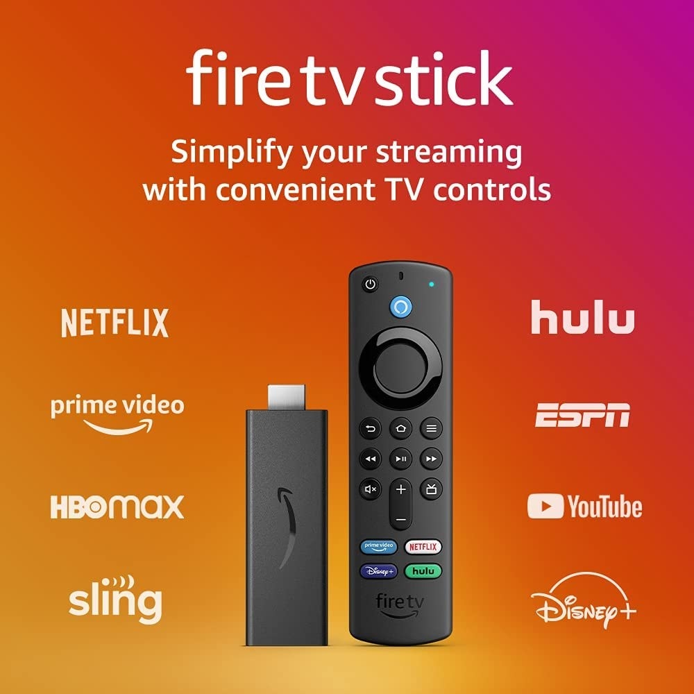 photo of the fire stick and a list of apps and streaming services you can access with the remote