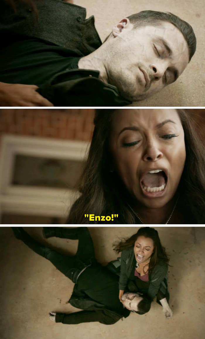 Bonnie screaming out as Enzo lies dead in her lap