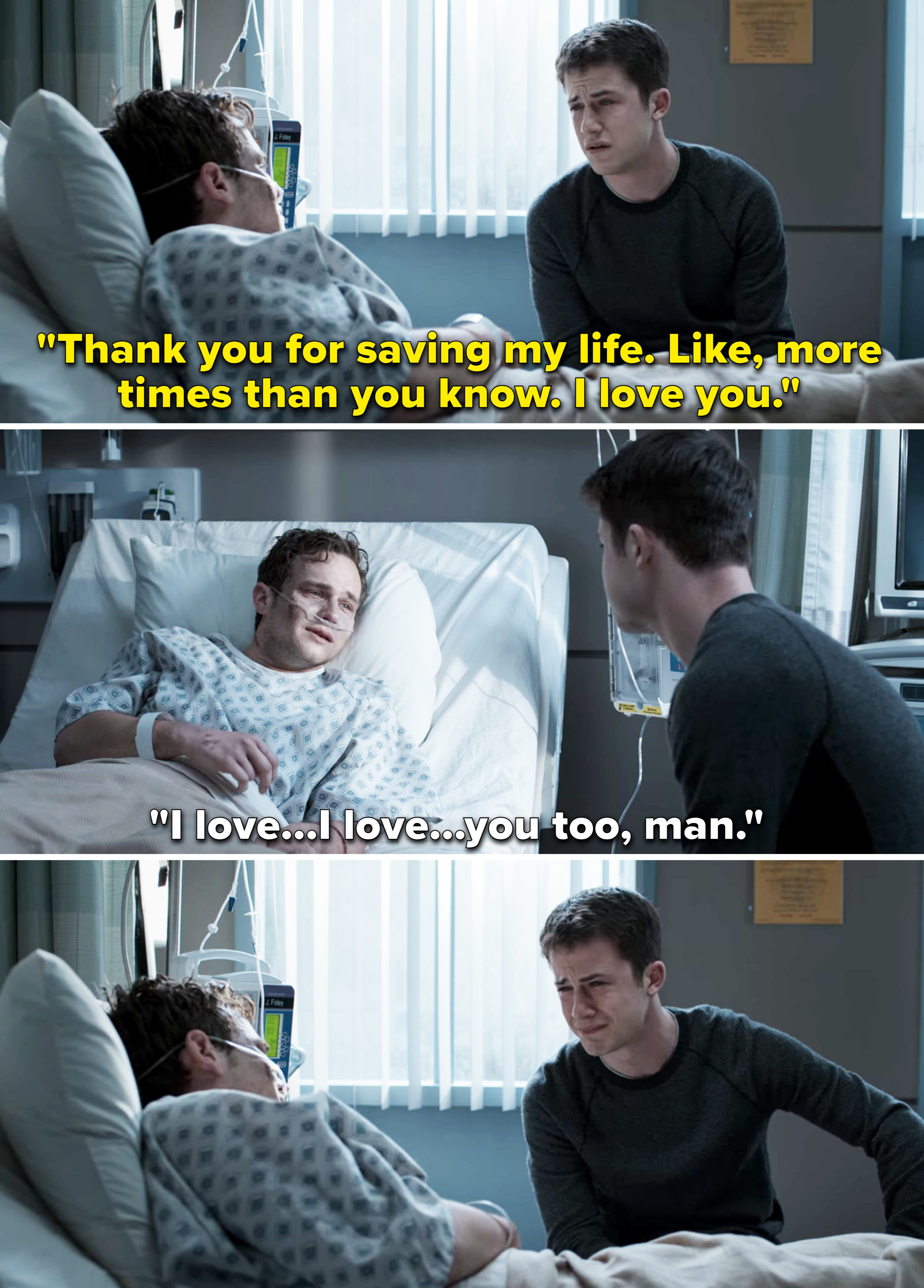 in the hospital bed, the character struggles to tell another character that he also loves him