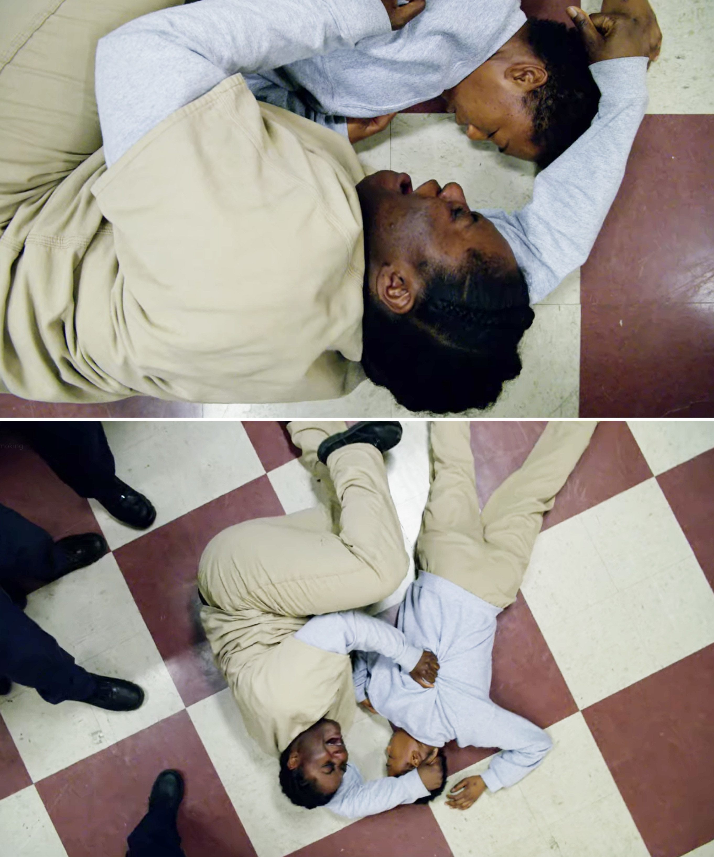 a character cries as Poussey lies on the floor dead