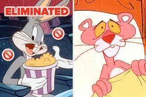 bugs bunny on the left eliminated and pink panther on the right