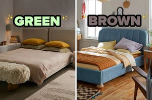 On the left, a simple, dark bedroom with a bed with a nightstand next to it labeled green, and on the right, a bright, sunny bedroom with tons of knickknacks all around labeled brown