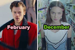 On the left, Harry Styles in the As It Was music video labeled February, and on the right, Olivia Rodrigo in the Good 4 U music video labeled December