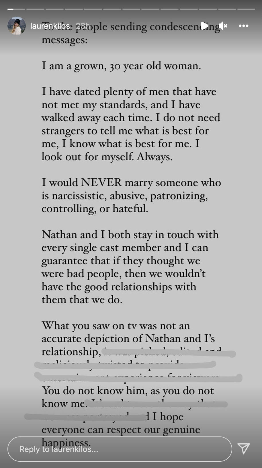 A screenshot from Lauren&#x27;s Instagram Stories where she defends her relationship with Nathan