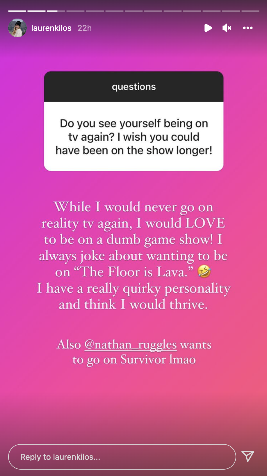 Lauren shares whether she&#x27;d appear on reality TV again in a message shared to Instagram Stories