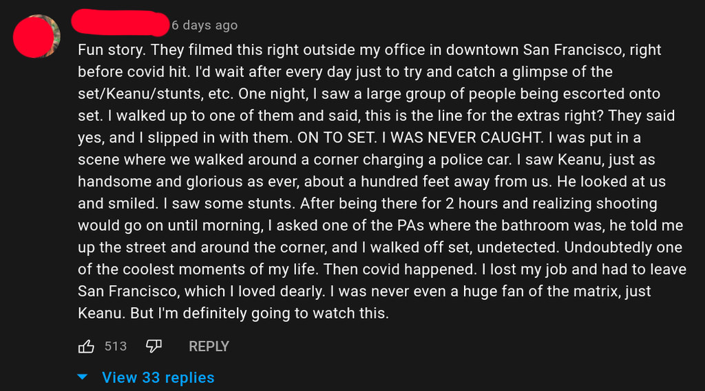 A comment detailing the story