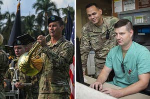 On the left is an Army soldier playing a trumpet and on the right is a person in scrubs working with a person in an Army uniform