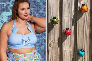 care bears bikini top and ladybug decorations on a fence
