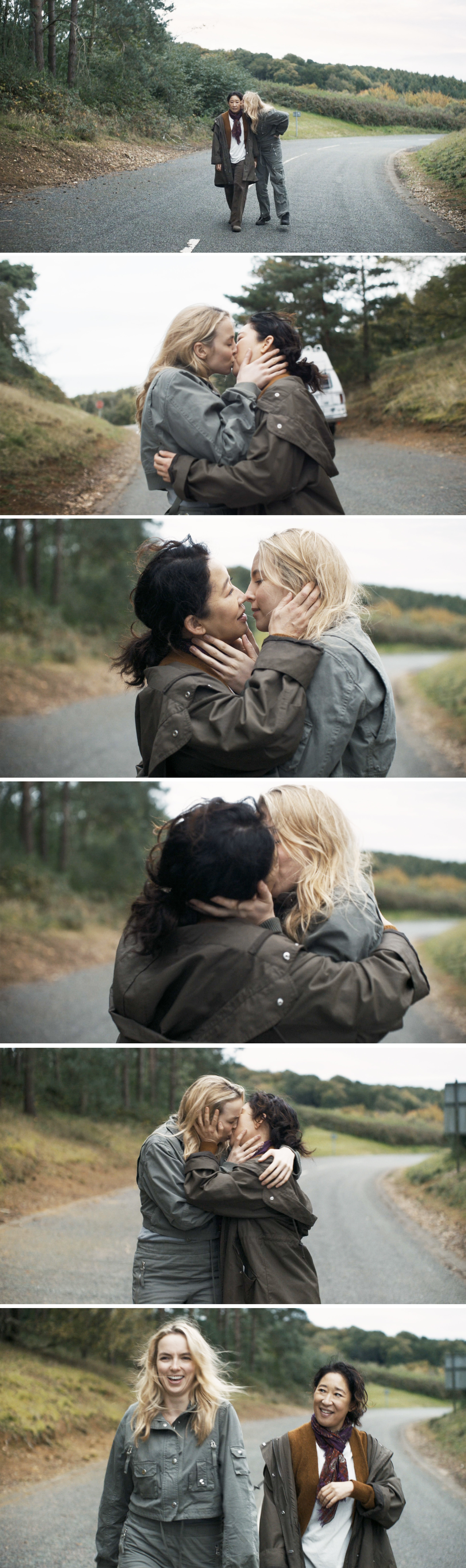 Villanelle and Eve smiling and laughing after they kiss while walking down a road