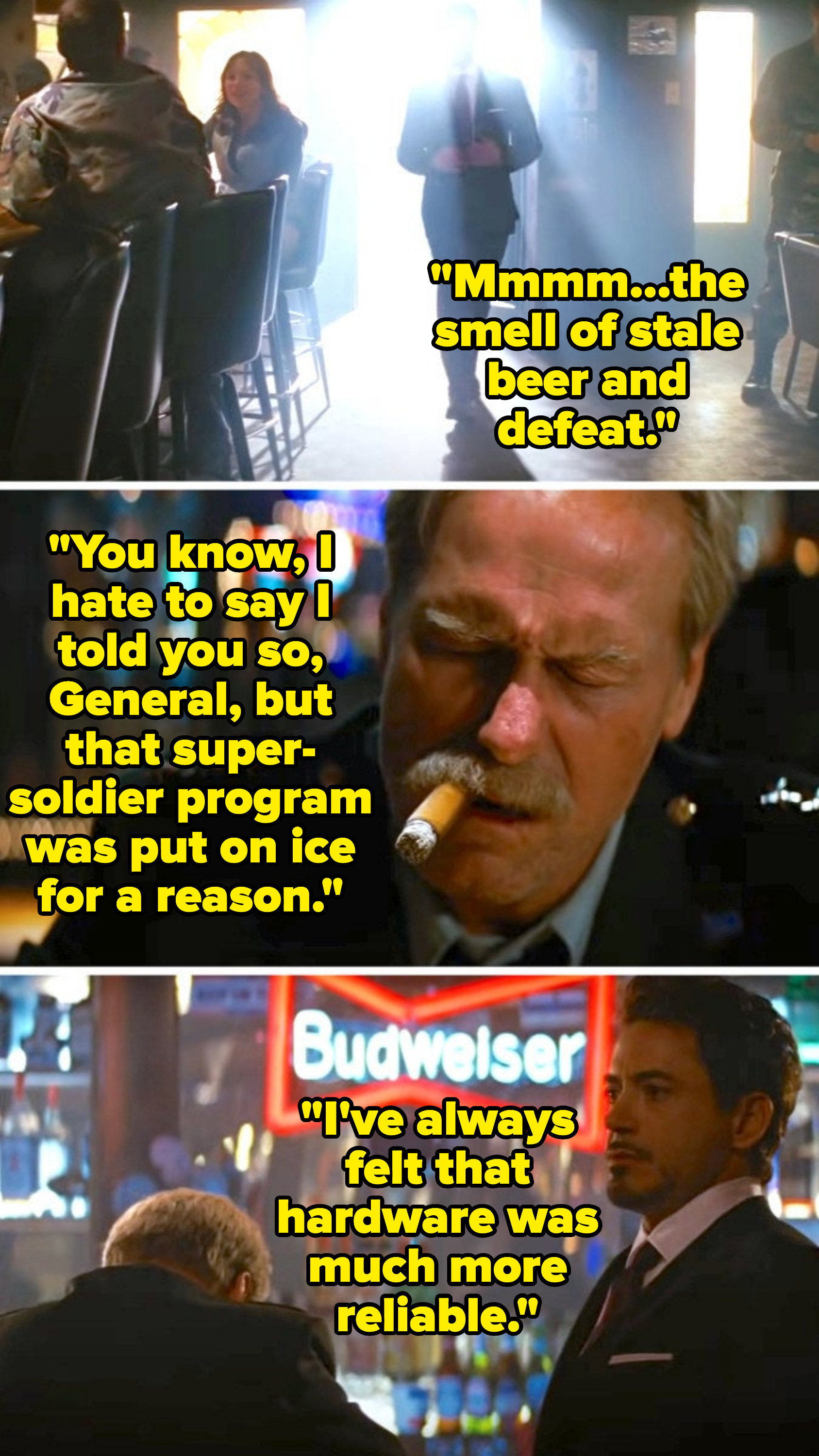Tony enters the bar where Ross is and says that the super-soldier program was put on ice for a reason, and that he thinks hardware is more reliable