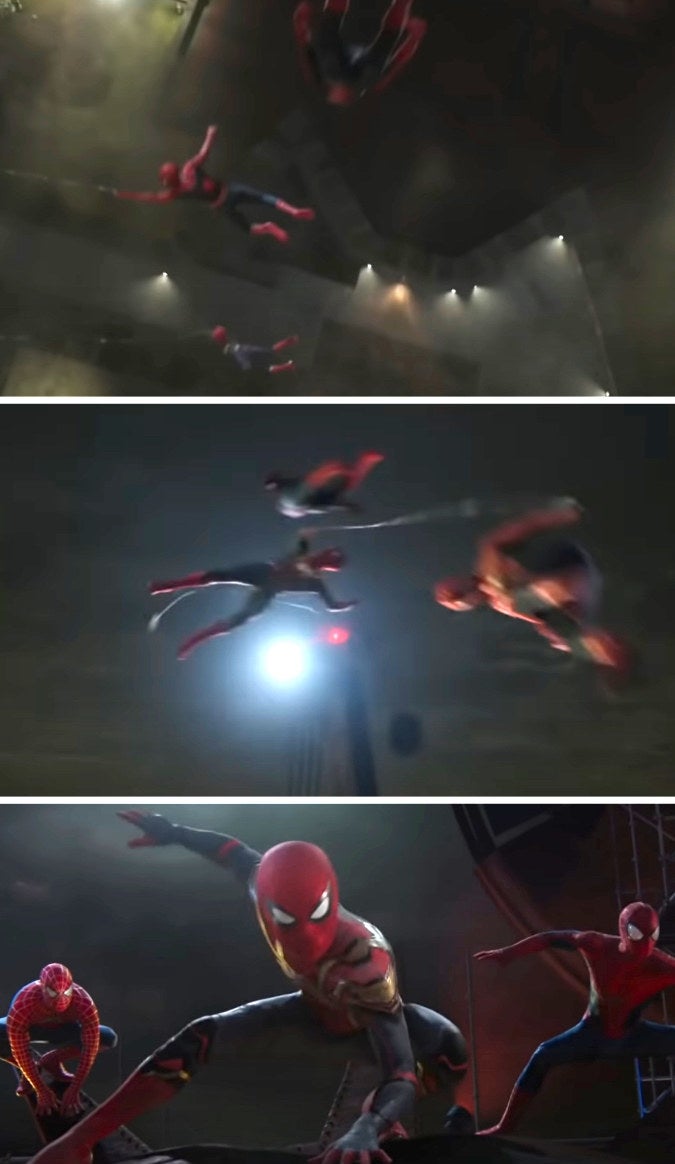 all three spider-men swinging and landing together in one shot