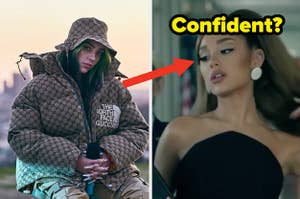 Billie Eilish wears a one patterned outfit and a close up of Ariana Grande as she flips her hair