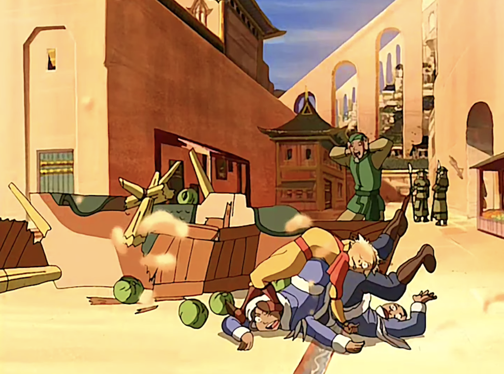the characters in a pile after a collision