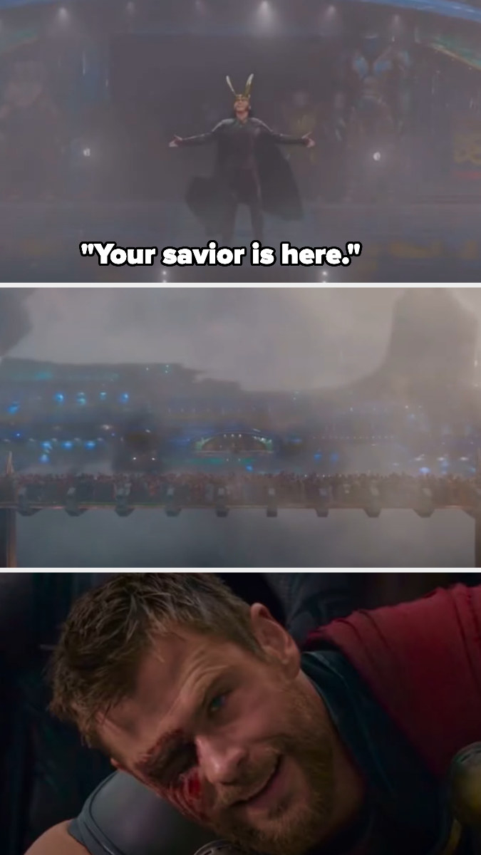 Thor smiles as Loki arrives with the ship and says &quot;your savior is here&quot;