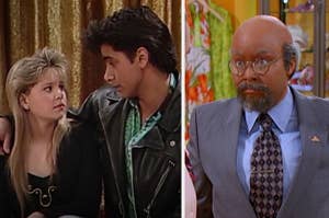 Left: John Stamos as Jesse Katsopolis puts his arm around Candace Cameron as D.J. Tanner in "Full House" Right: Raven-Symoné as Raven Baxter wears a disguise as a bald man in a suit in "That's So Raven"