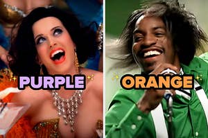 On the left, Katy Perry in the Waking Up in Vegas music video labeled purple, and on the right, Andre 3000 in the Hey Ya music video labeled orange