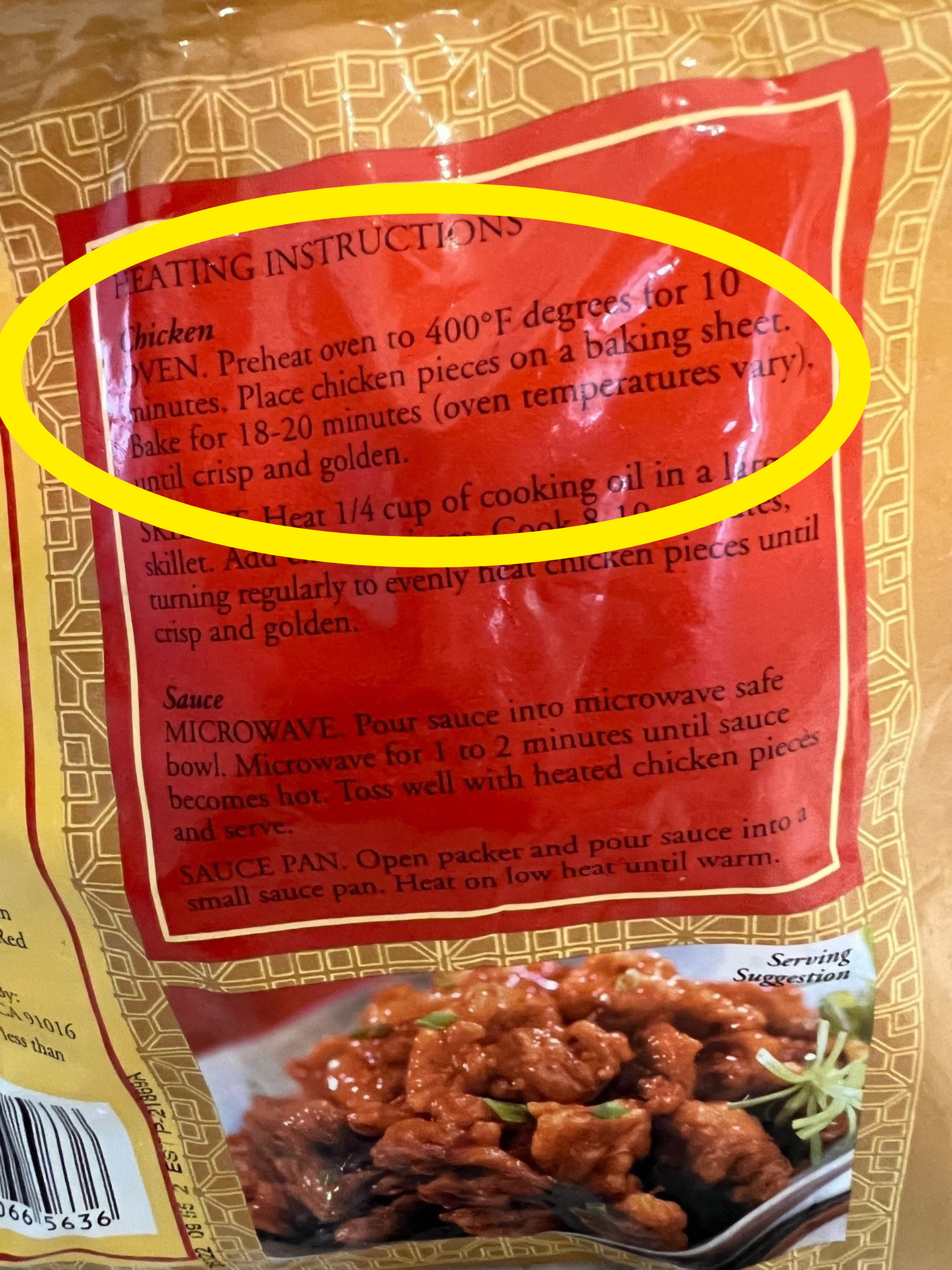 The heating instructions on a bag of Mandarin Orange Chicken
