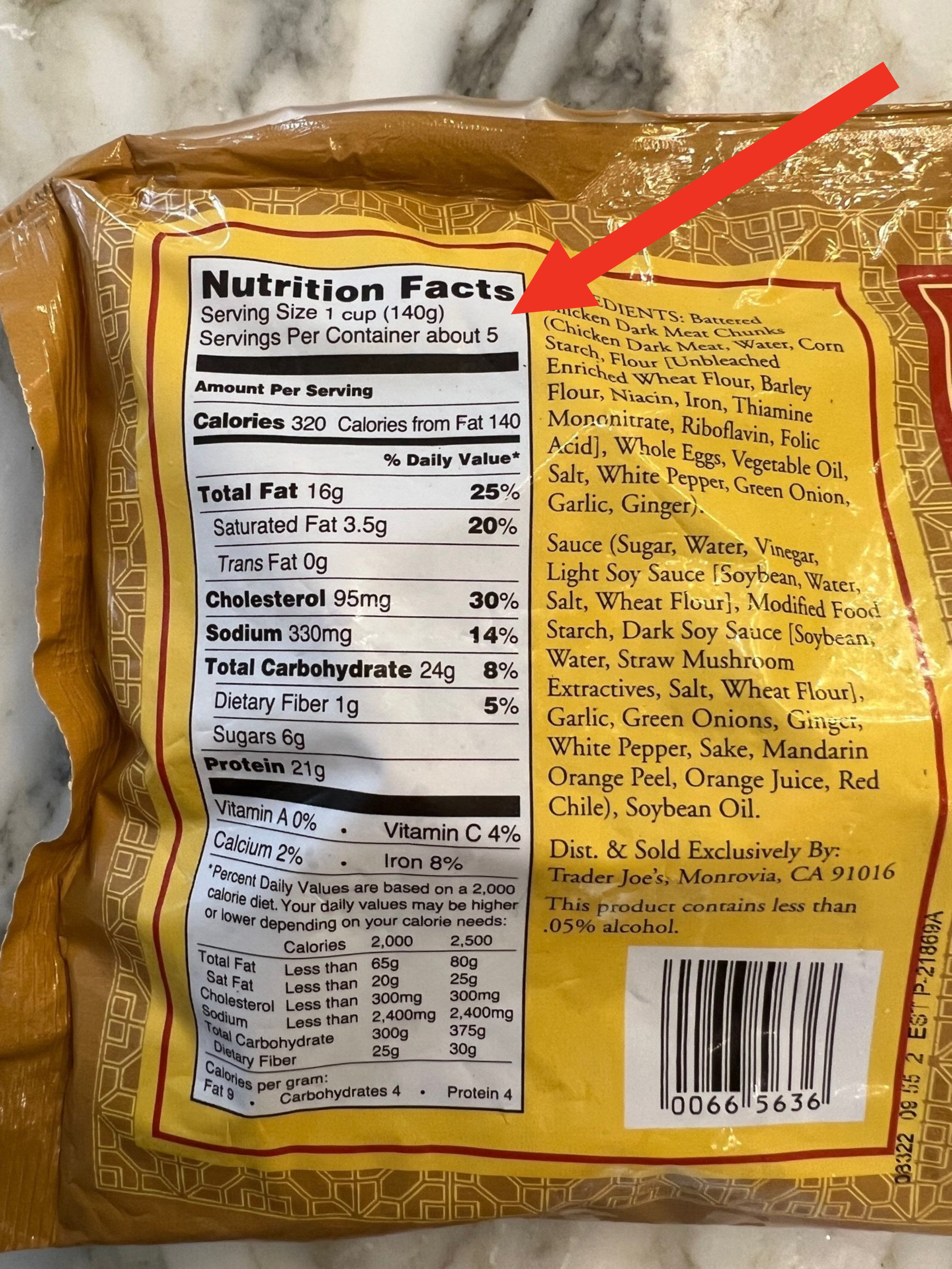 The nutrition facts on a bag of Trader Joe&#x27;s Mandarin Orange Chicken