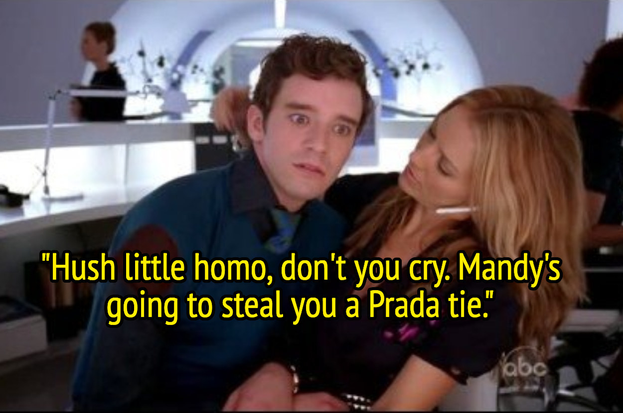 A girl telling a guy, &quot;Hush little homo, don&#x27;t you cry. Mandy&#x27;s gonna steal you a Prada tie.&quot;