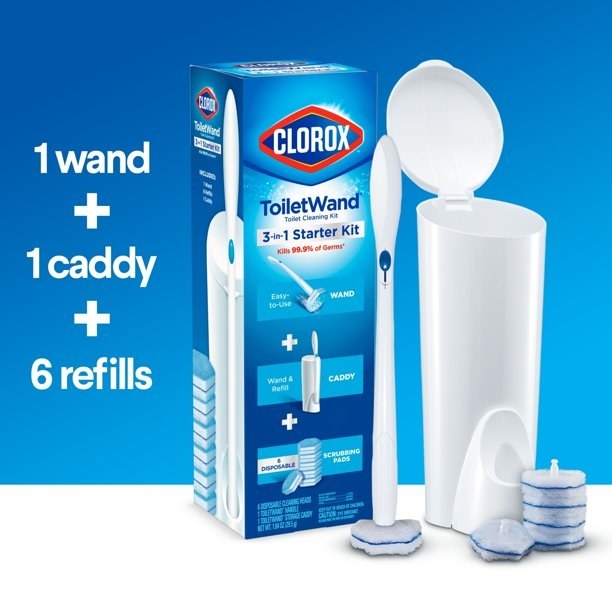 the Clorox Toilet Want starter kit with a wand, caddy, and six scrubbing pads