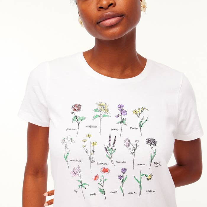 a model wearing the floral shirt