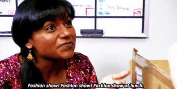 Gif of Mindy Kaling in &quot;The Office&quot; shouting, &quot;Fashion show, fashion show, fashion show at lunch&quot;