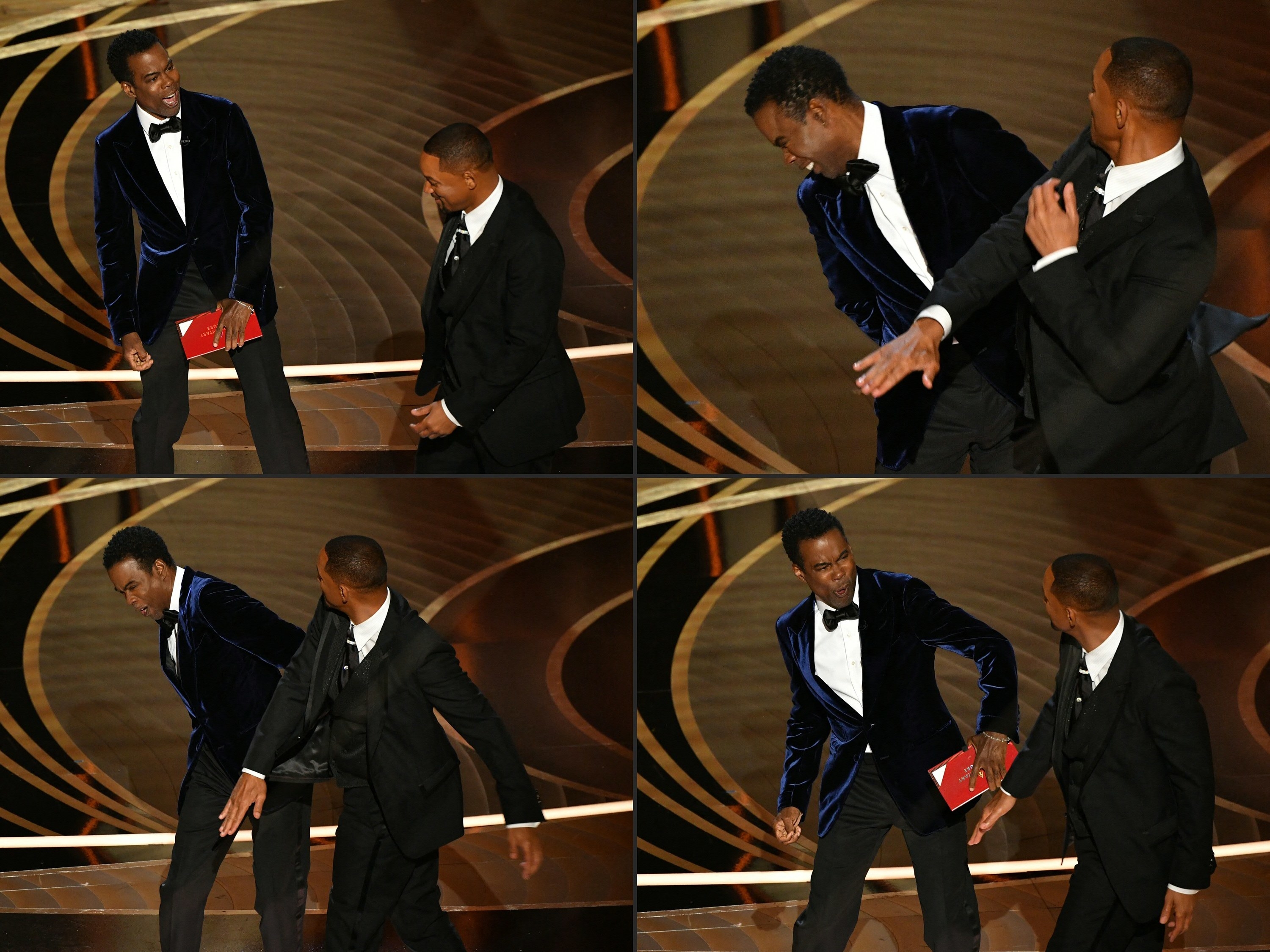 Collage of photos showing Will Smith walking up to Chris Rock and slapping him