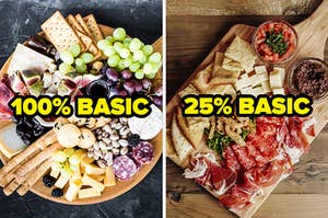 On the left, a round charcuterie board with various crackers, nuts, and berries labeled "100 percent basic," and on the right, a charcuterie board with a handle with various meats and crackers labeled "25 percent basic"