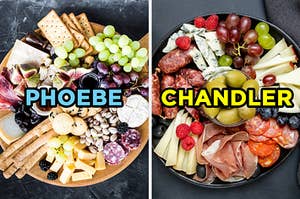 On the left, a charcuterie board with various crackers, grapes, and meat with pistachios, blackberries, and figs labeled "Phoebe," and on the right, charcuterie board with olives, grapes, meats, cheeses, and berries labeled "Chandler"