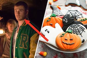 Curt Vaughan stands in a darkened room wearing a letterman jacket and a tray of Halloween shaped cookies