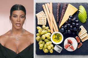 kourtney kardashian on the left and a charcuterie board on the right