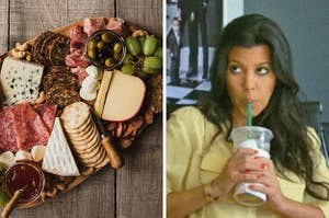 On the left, a charcuterie board with various cheeses, crackers, and meats as well as grapes, olives, and spreads, and on the right, Kourtney Kardashian sipping a Starbucks drink
